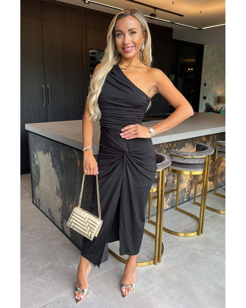 AX Paris Gray One Shoulder Knot Skirt Midi Dress