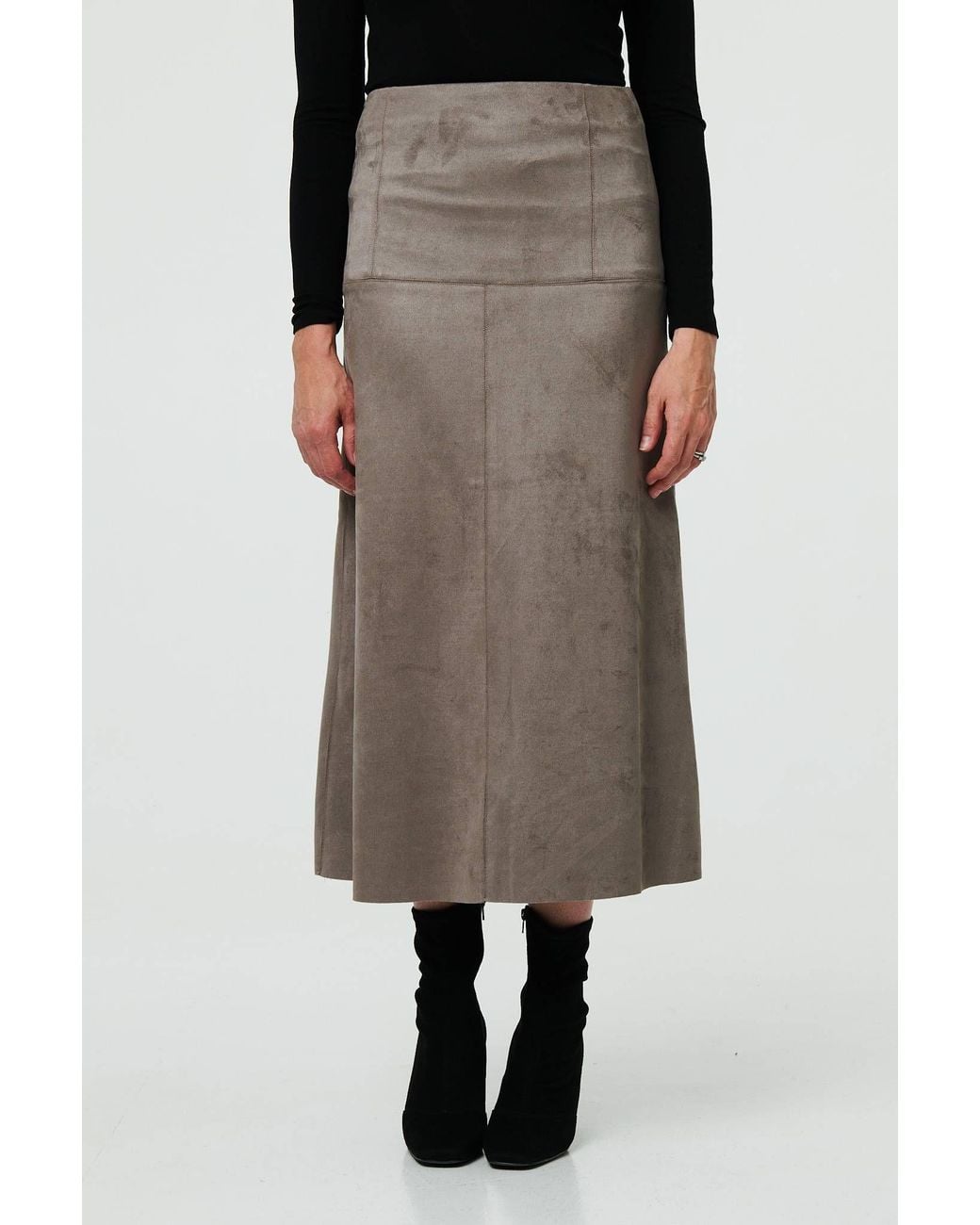 Izabel London Gray Faux Suede A-Line High Waist Midi Skirt