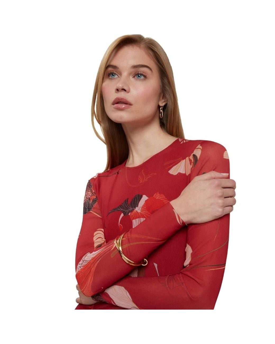 Ted Baker Red Jazzy Long Sleeve Crew Neck Regular Fit Midi Dress