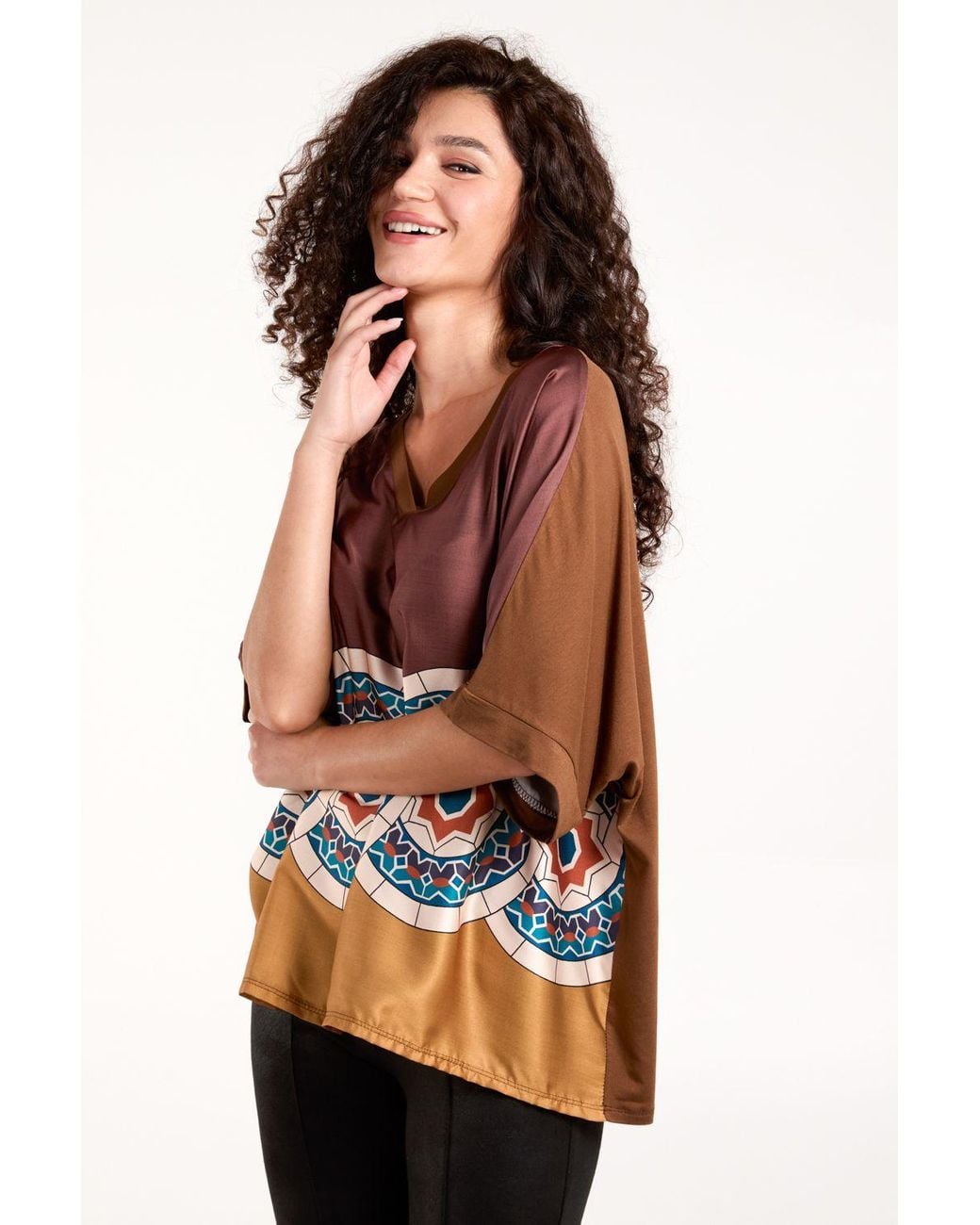 Blue Vanilla Brown Satin Viscose Back Print Top