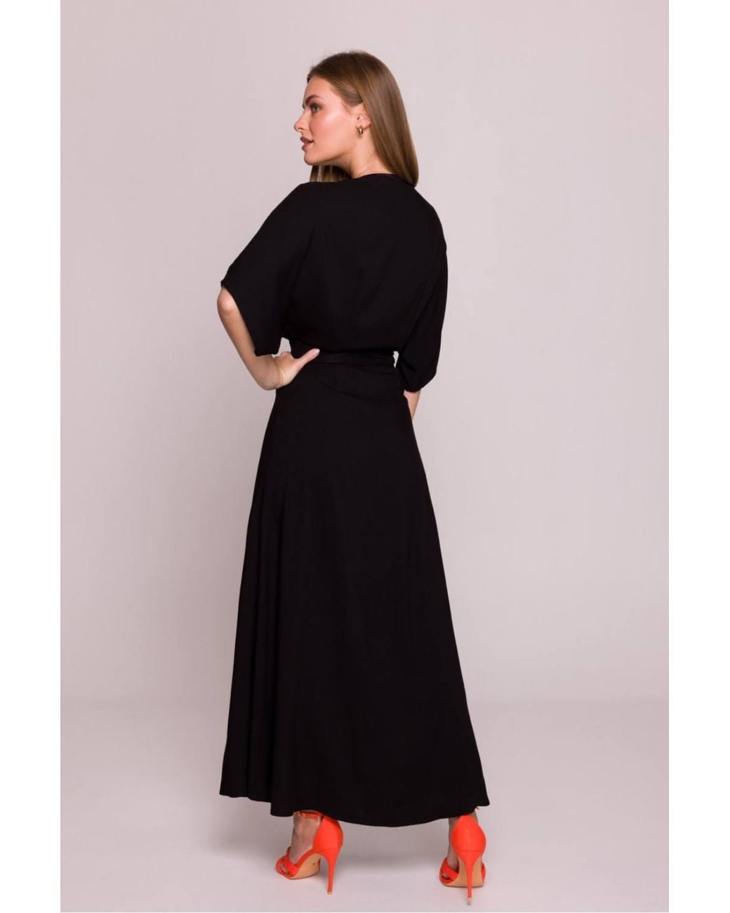 Love Lace Black Evening Satin 3/4 Sleeve Fit & Flare Dress