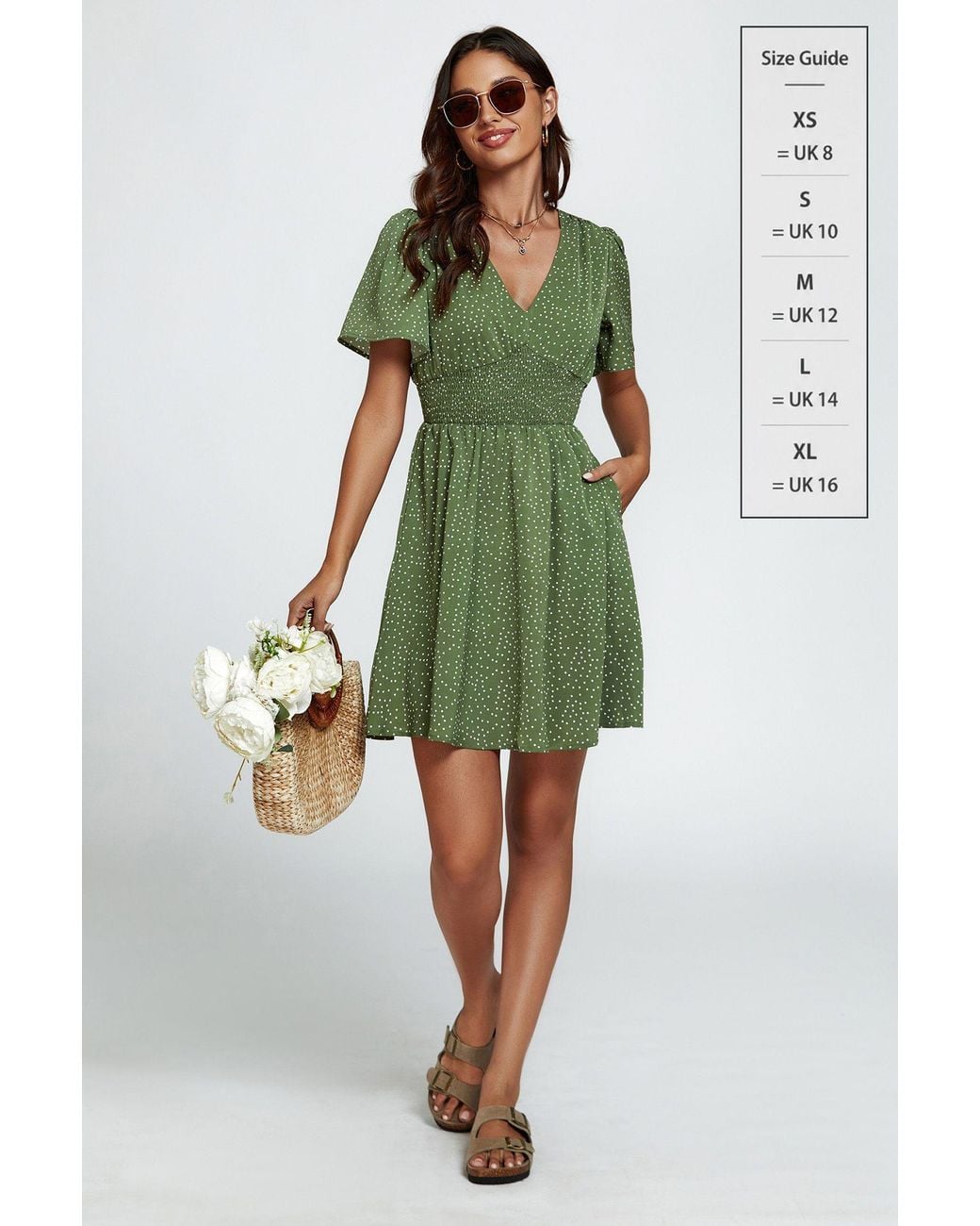 FS Collection Green Polka Dot V-Neck Mini Dress With Shirred Waist