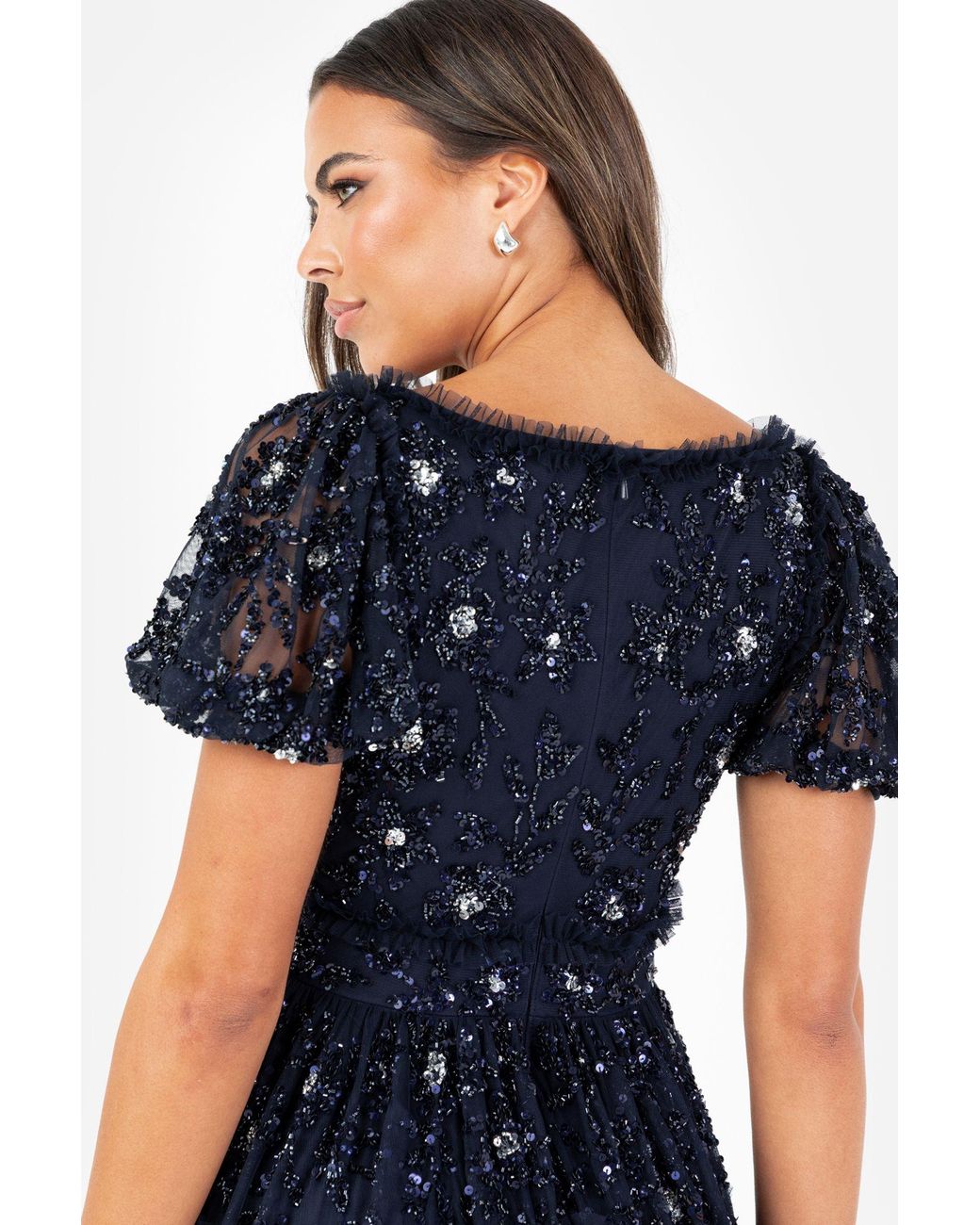 Maya Deluxe Blue Floral Embellished Sweetheart Neck Maxi Dress