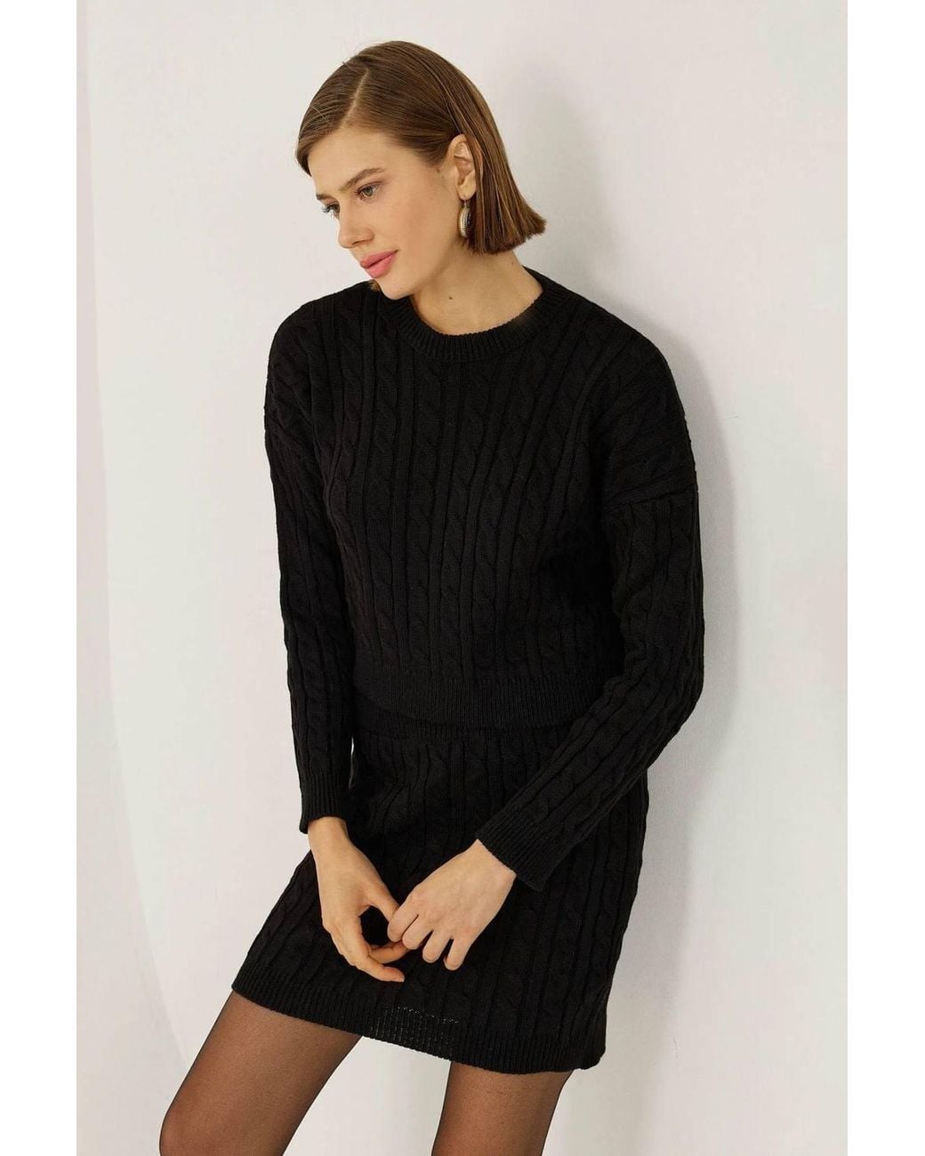 Hiccup Black Crew Neck Knitted Sweater & High Waist Mini Skirt 2 Pieces Set