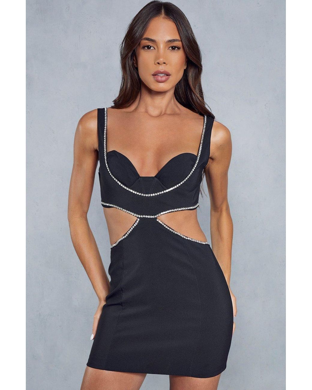 MissPap Premium Diamante Trim Cupped Cut Out Bodycon Mini Dress in