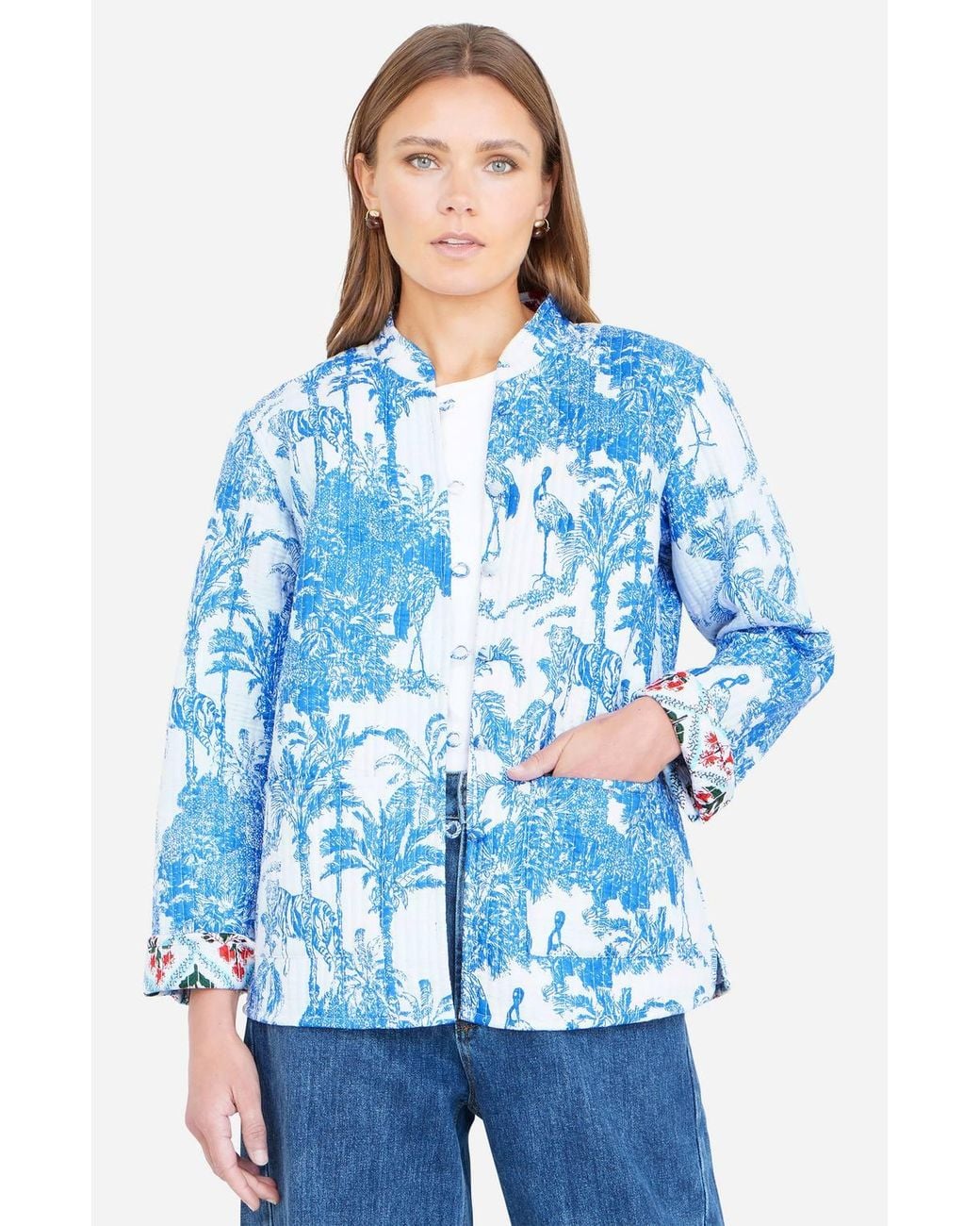 Yumi' Blue Palm Reversible Cotton Quilted Jacket