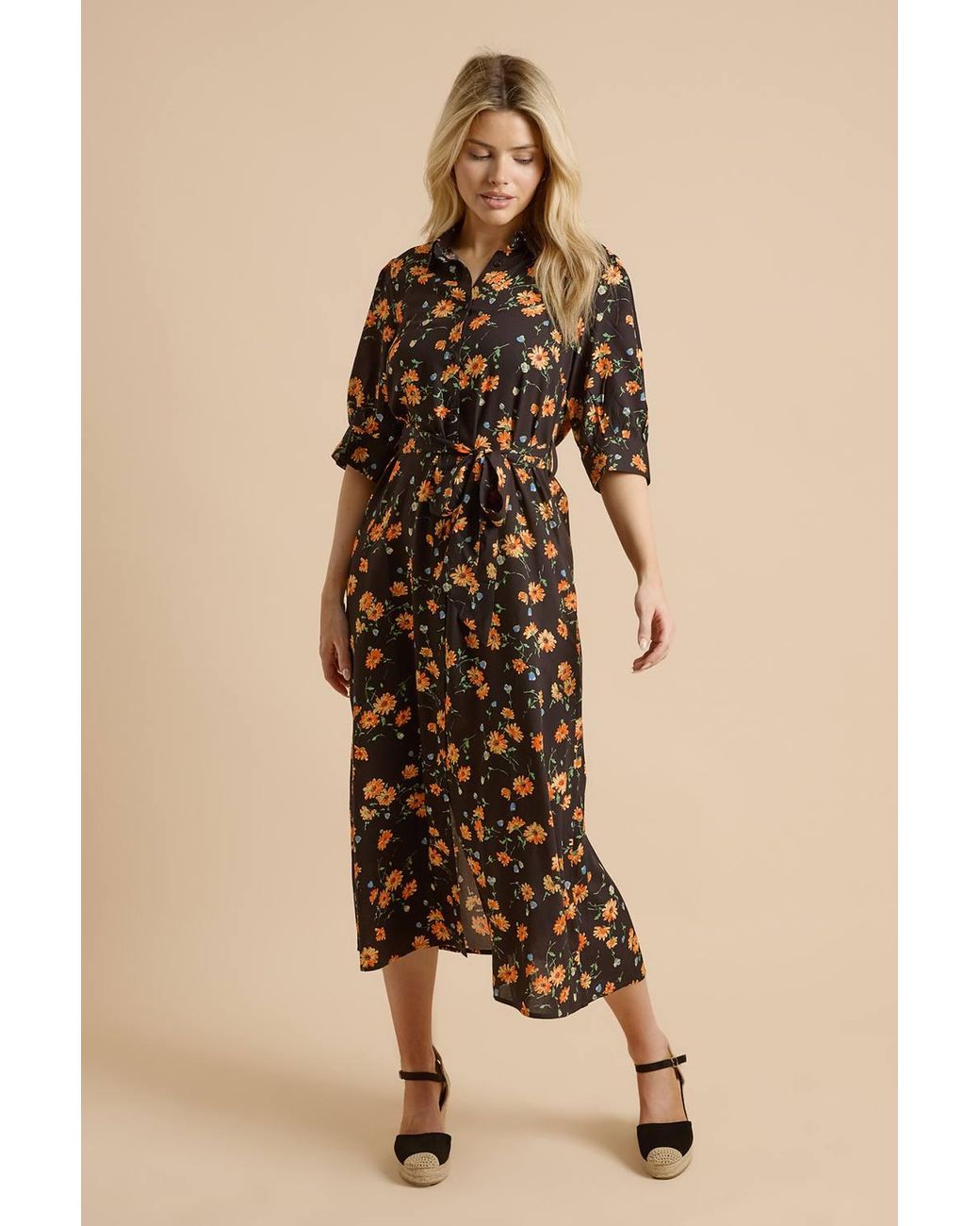 Dorothy Perkins Natural Floral Puff Sleeve Midi Shirt Dress