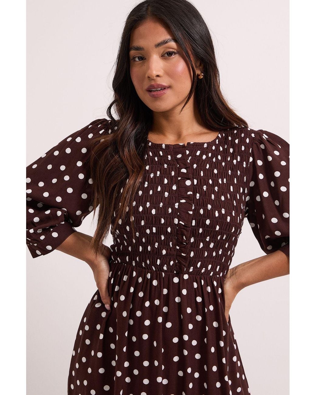Dorothy Perkins Petite Spot Print Shirred Bodice Button Detail Midi Dress