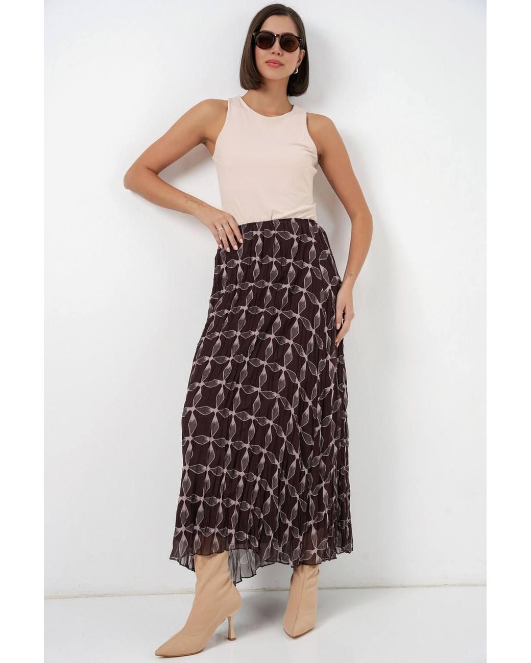 Bigdart Brown High Waist Geometric Print Maxi Skirt