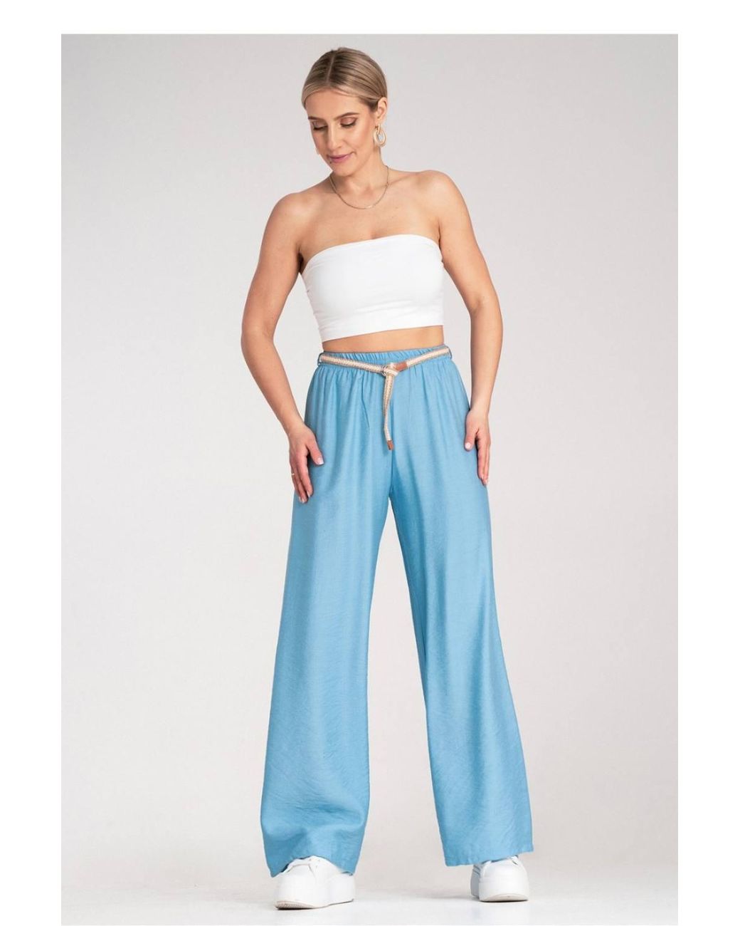 Love Lace Blue Boho Elastic Waist Trousers With Woven Belt
