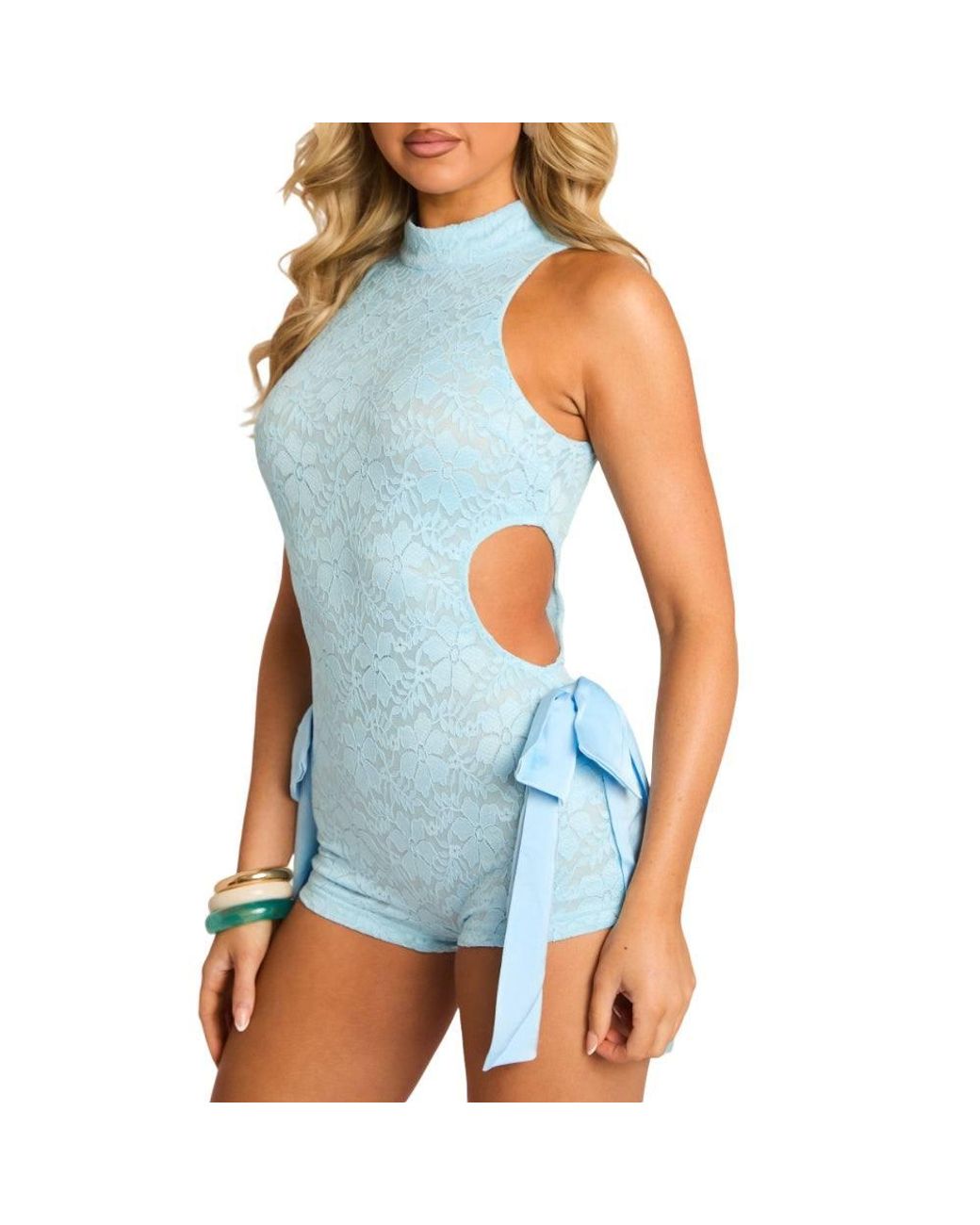Rebellious Fashion Blue Lace Cut Out Bow Detail Playsuit
