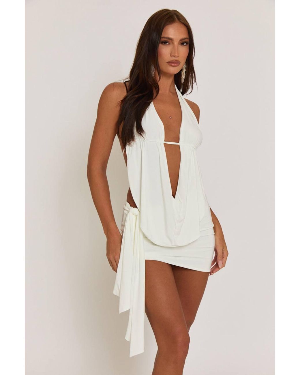 Rebellious Fashion White Lama Plunge Neck Cowl Detail Top & Mini Skirt Co-Ord Set