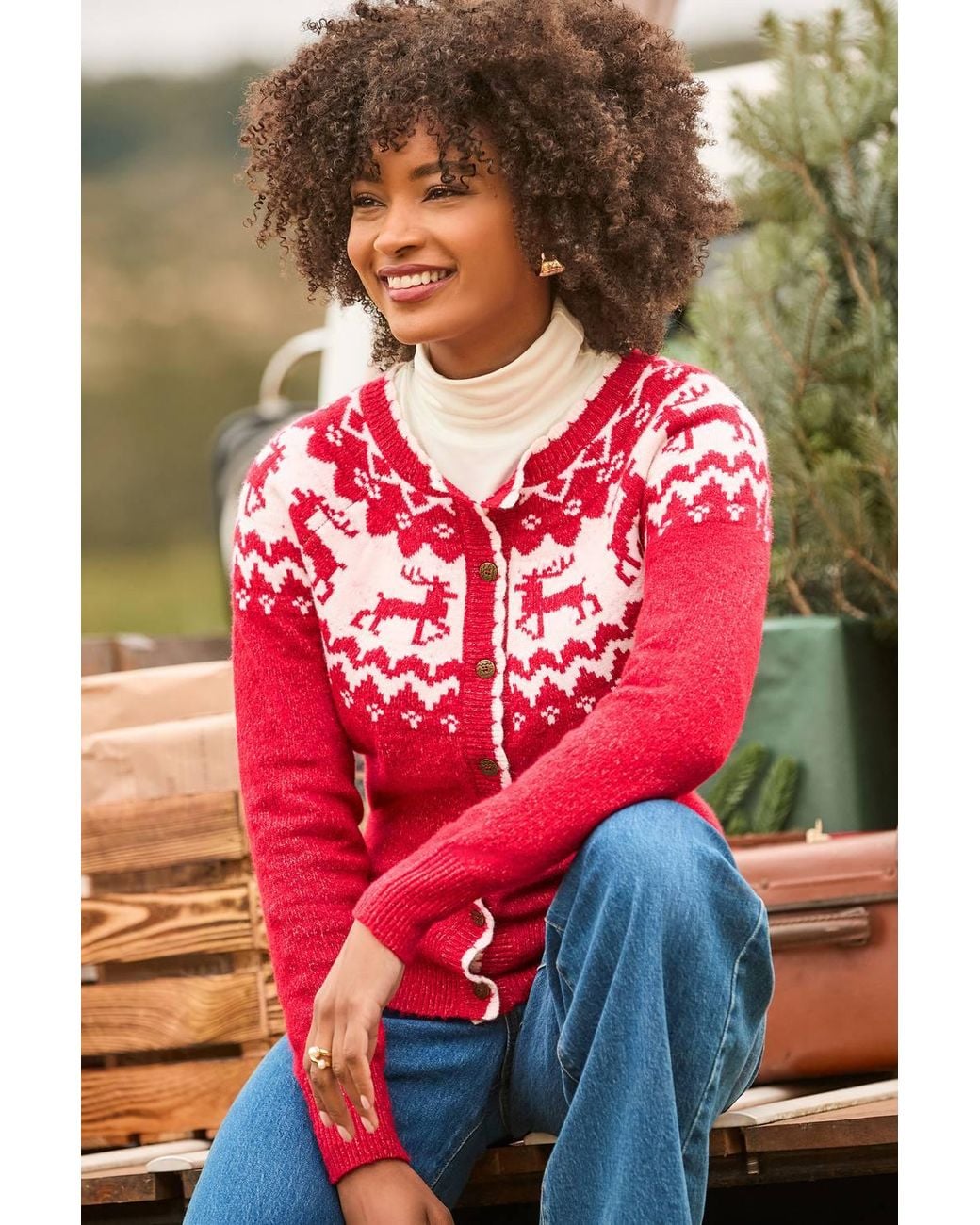 Joe Browns Pink Retro Reindeer Fairisle Cardigan