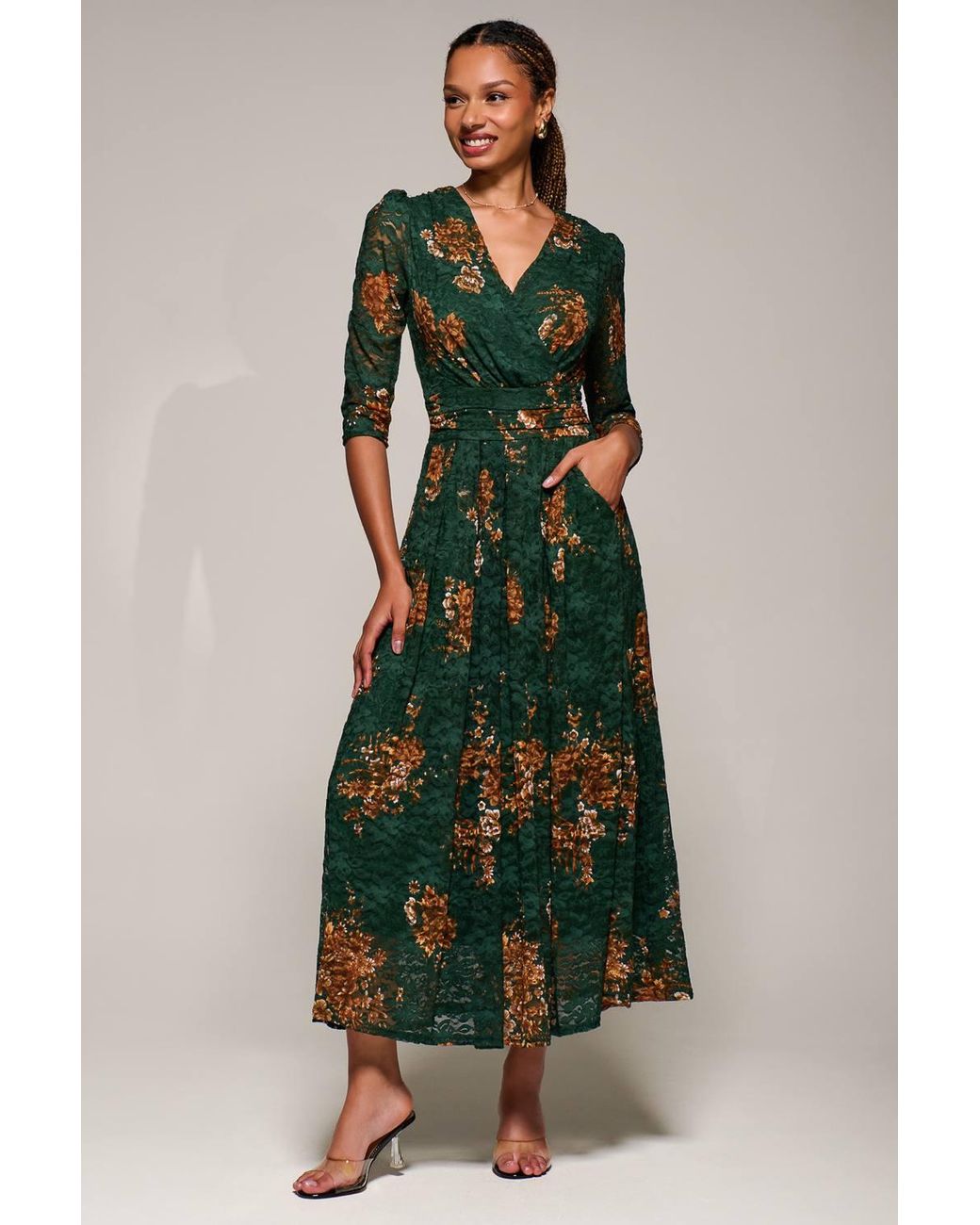 Jolie Moi Green Three Quarter Sleeve Printed Lace Maxi Dress