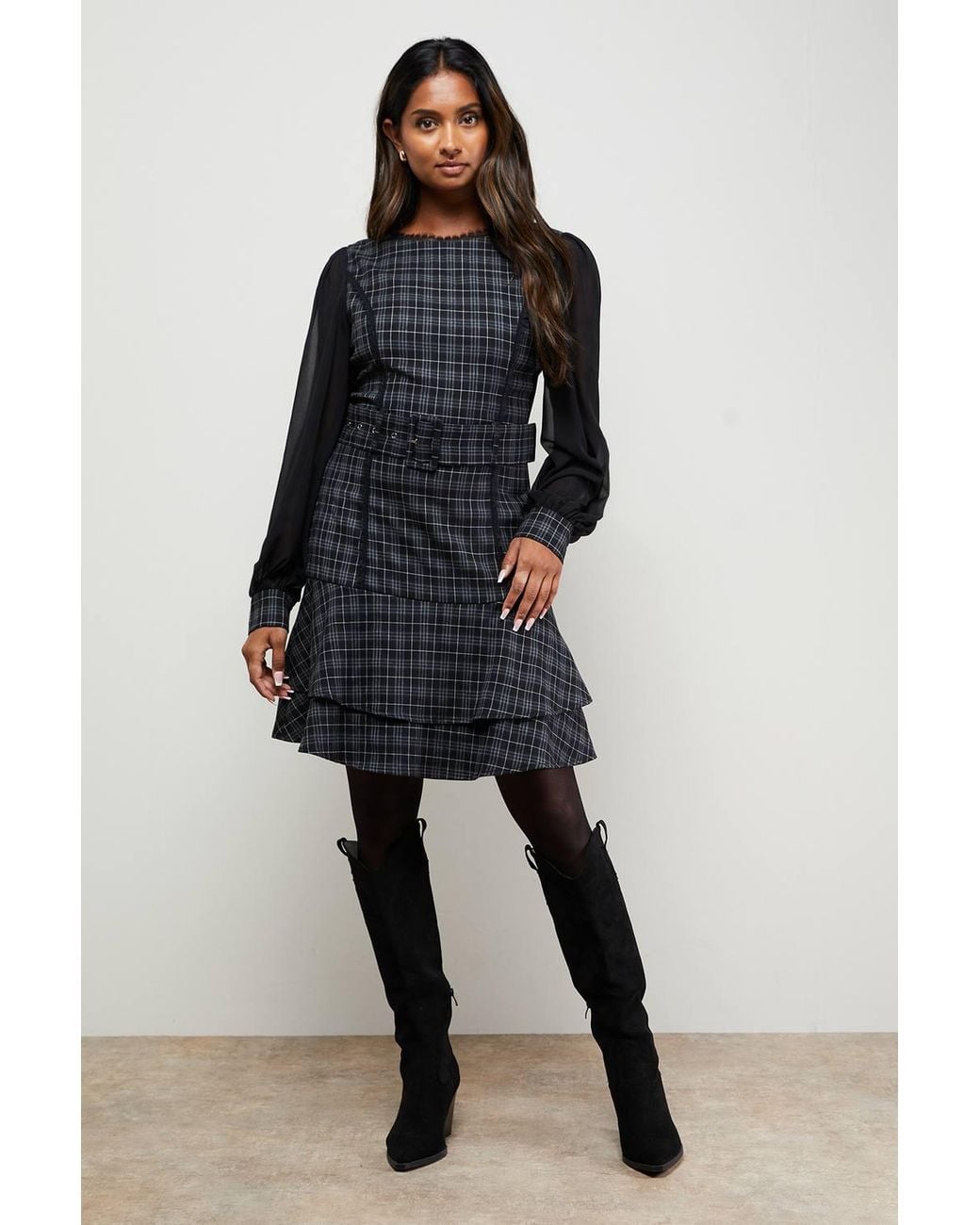 Oasis Blue Checked Belted Balloon Sleeve Flippy Mini Dress