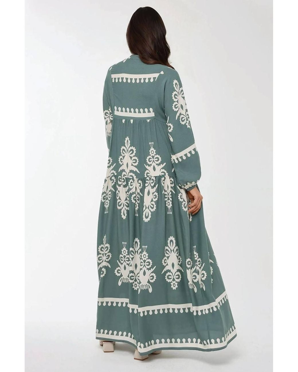Hiccup Green Printed Long Sleeve Viscose Maxi Dress