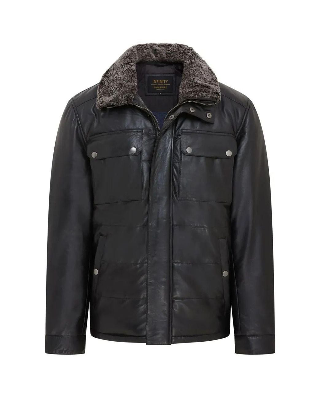 TruClothing Black Quilted Faux Fur Collar Leather Jacket for men