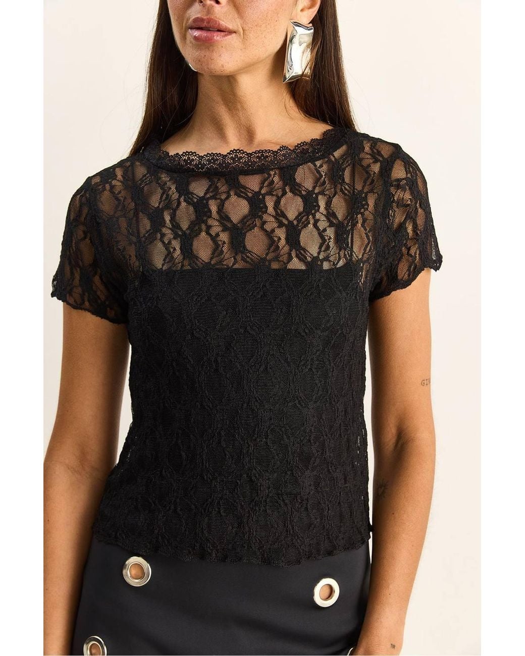 Bianco Lucci Black Lace Crew Neck Blouse