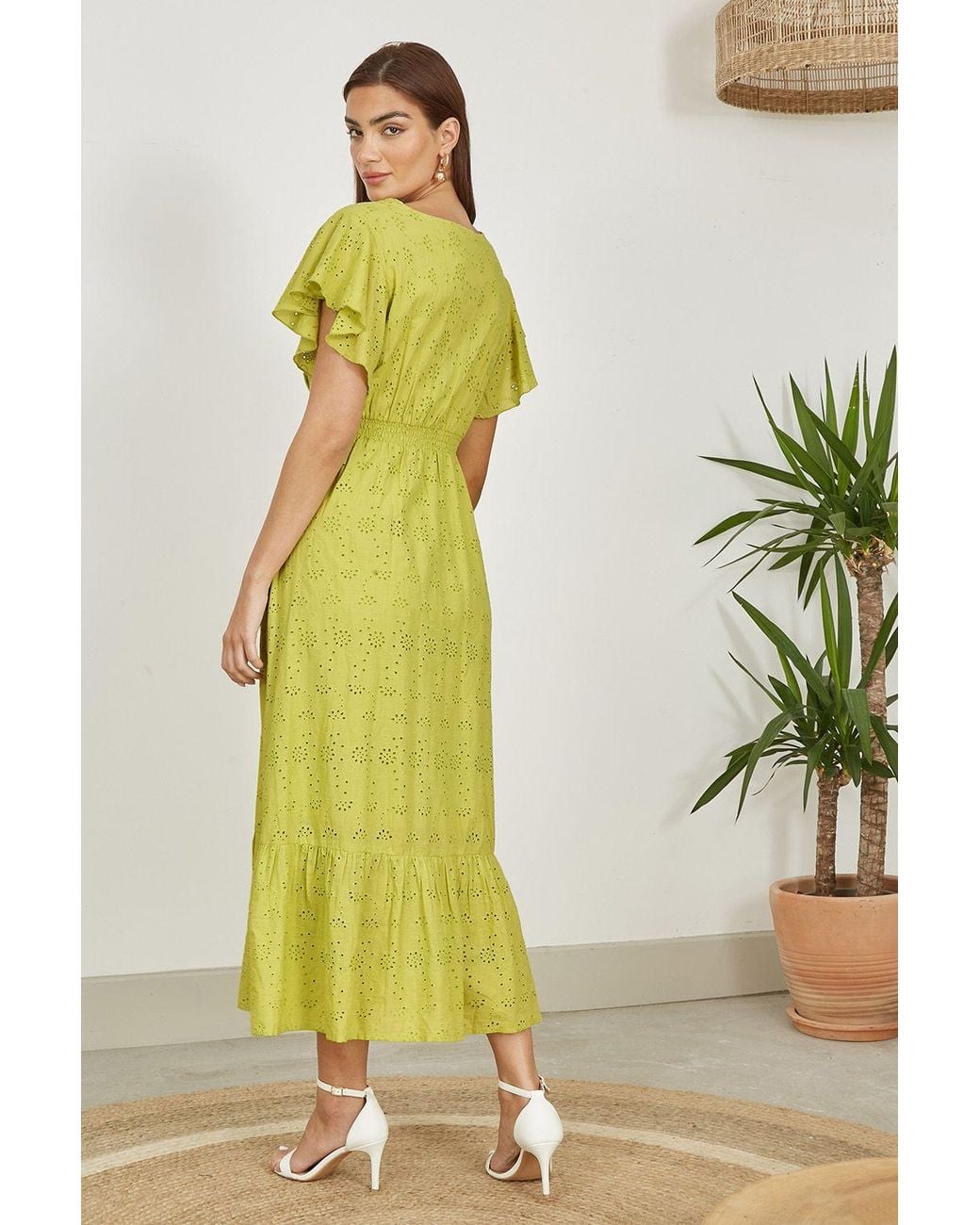 Yumi' Yellow Lime Cotton Broderie Anglaise Wrap Midi Dress