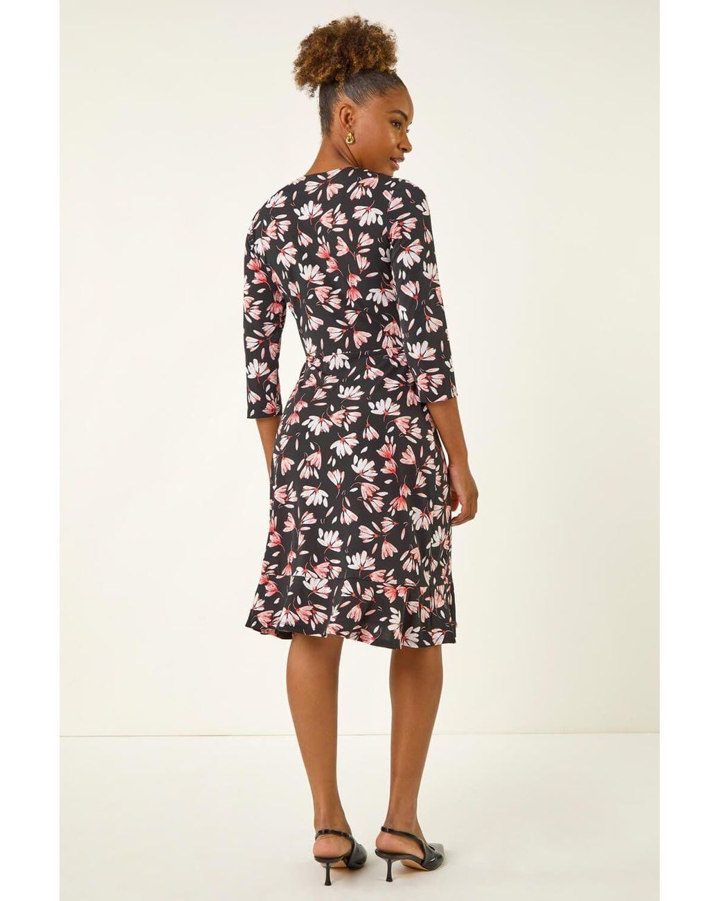 Roman Black Floral Print Midi Stretch Dress
