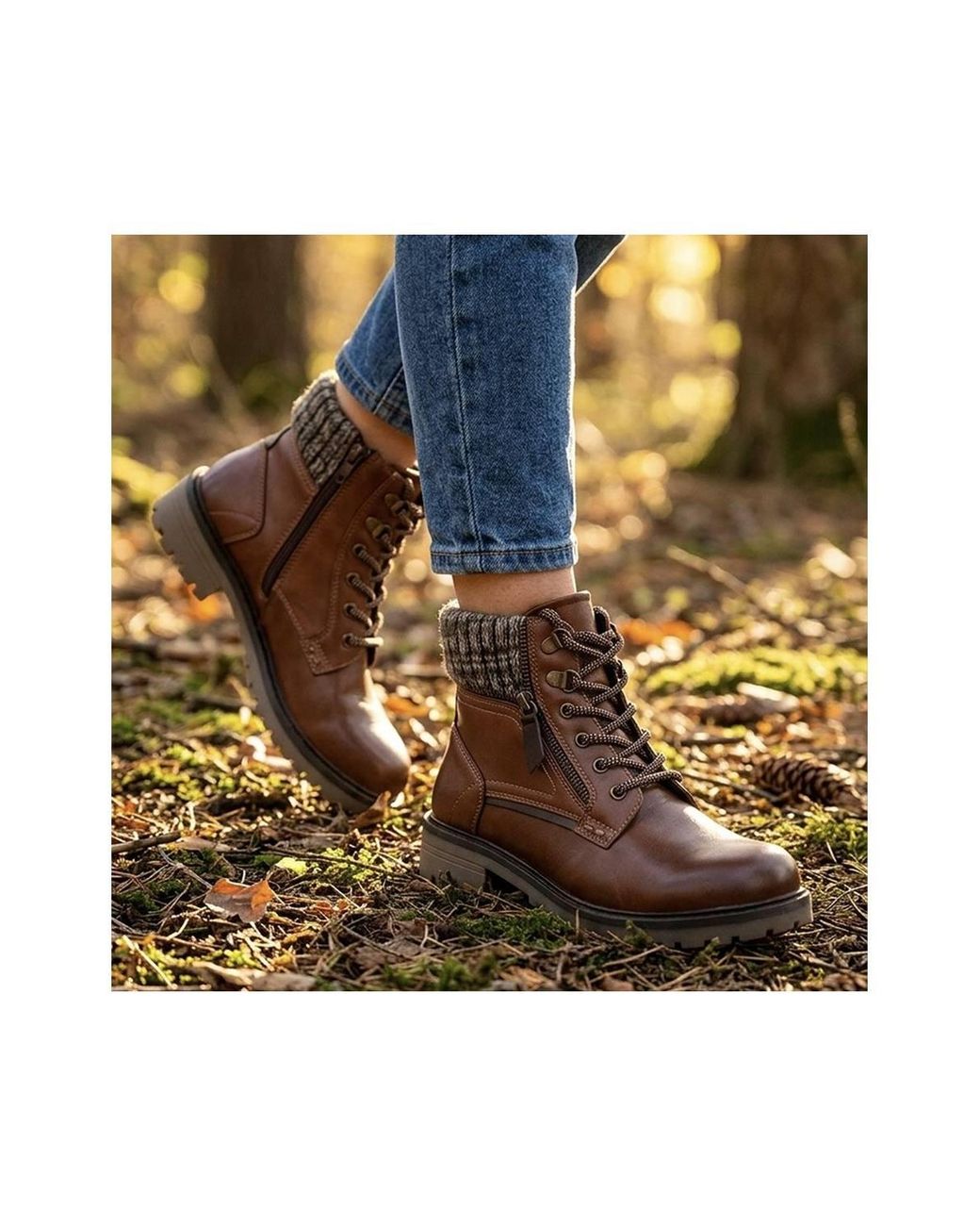 Pavers Brown Knitted Cuff Zip Design Lace Up Ankle Boots