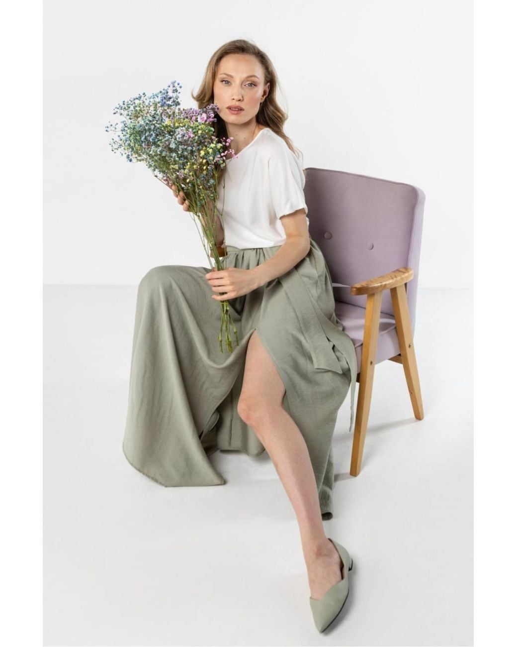 Love Lace Green Flowy High Waist Maxi Skirt With Tie Style 225331