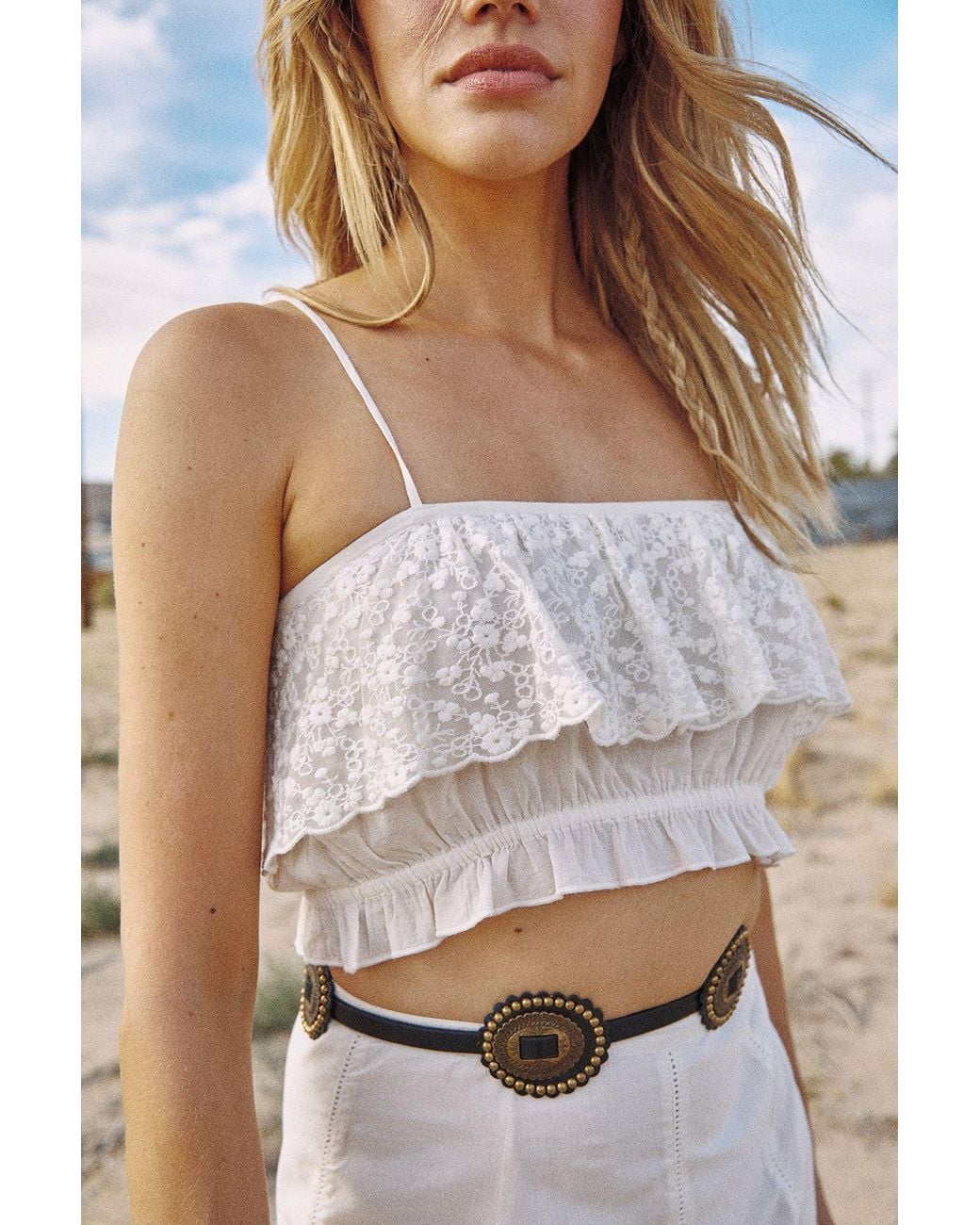 Nasty Gal Natural Cotton Embroidered Scallop Lace Ruffle Bralet