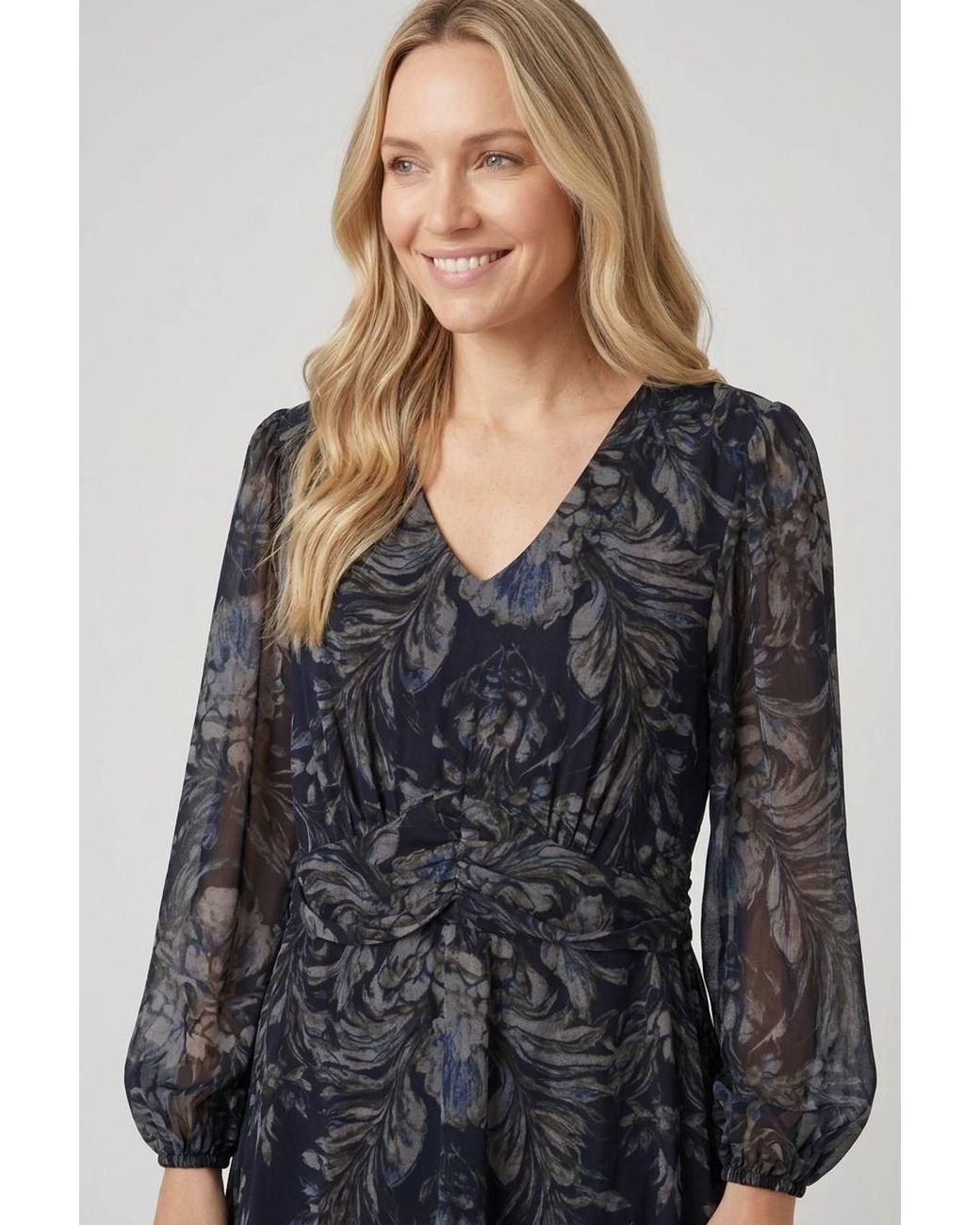Izabel London Black Floral Layered Long Sleeve Midi Dress