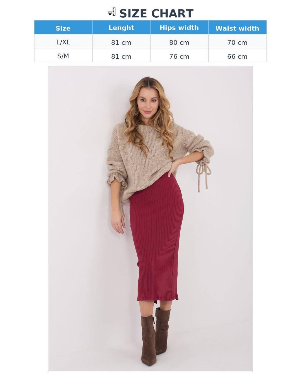 Love Lace Red Knitted Midi Skirt With Slit Ribbed Cotton