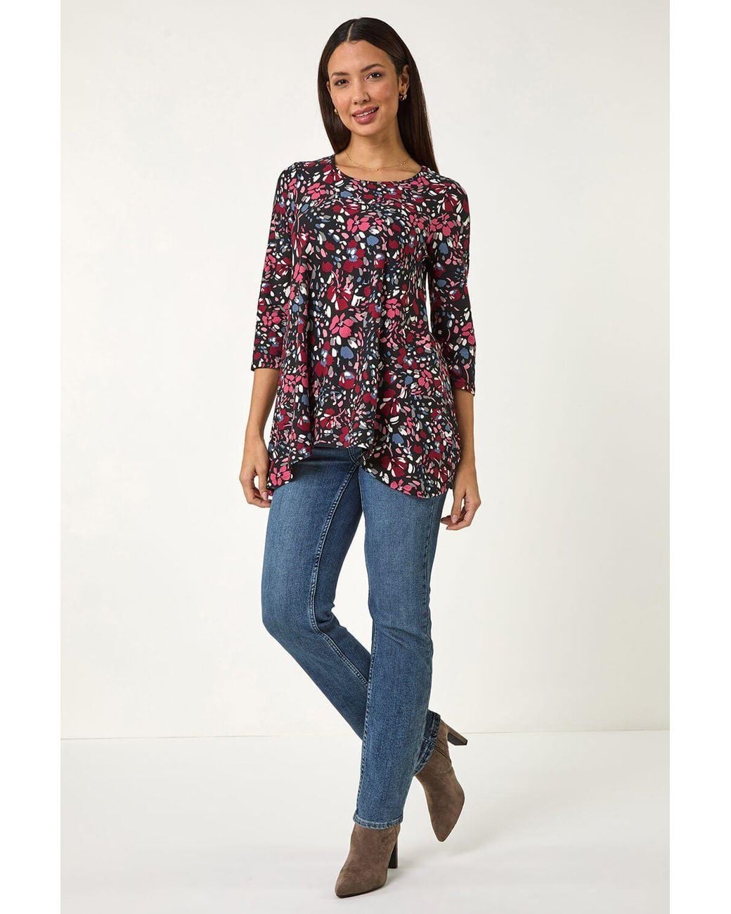 Roman Red Floral Print Swing Stretch Tunic Top