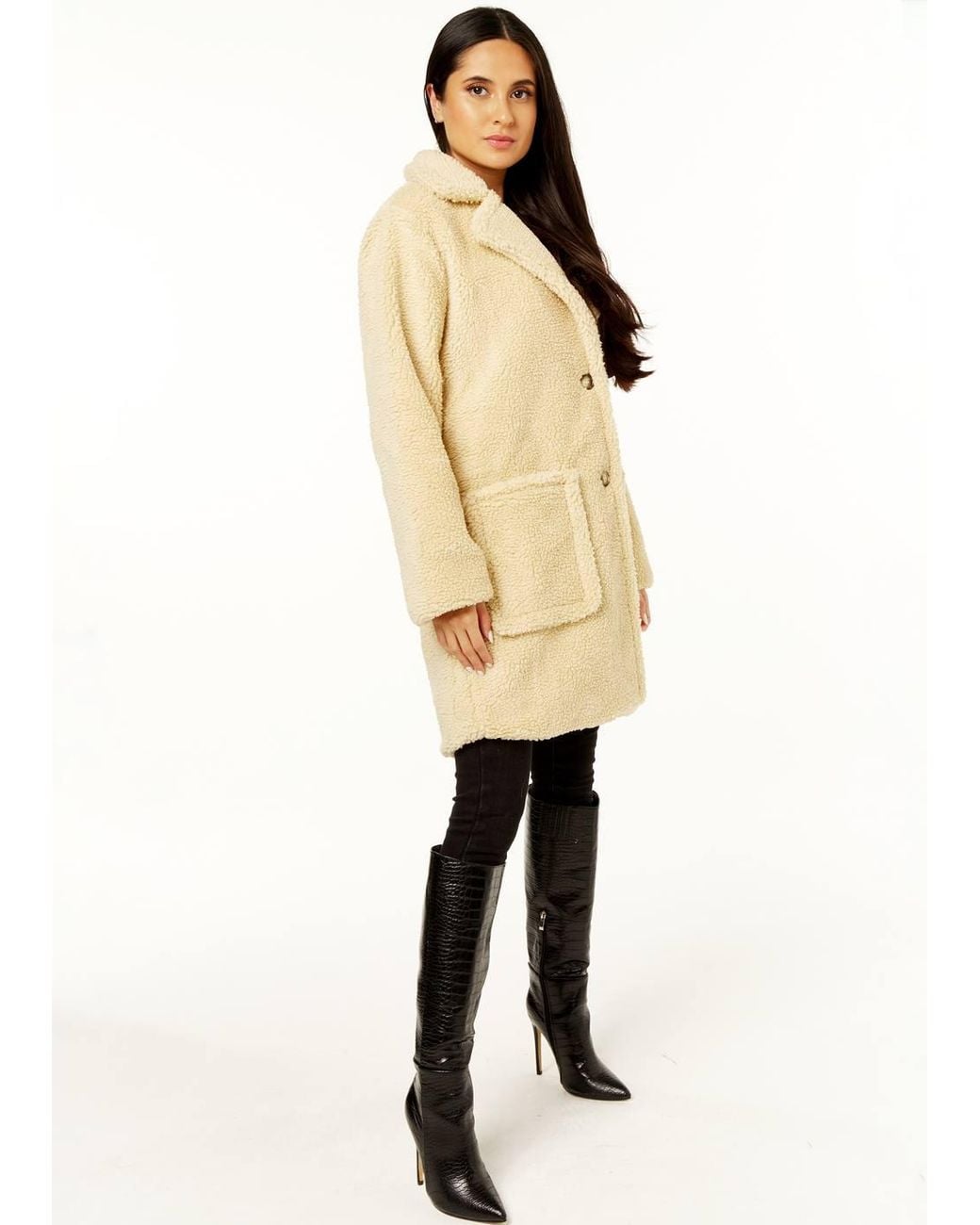 Gini London Natural Faux Fur Longline Teddy Overcoat