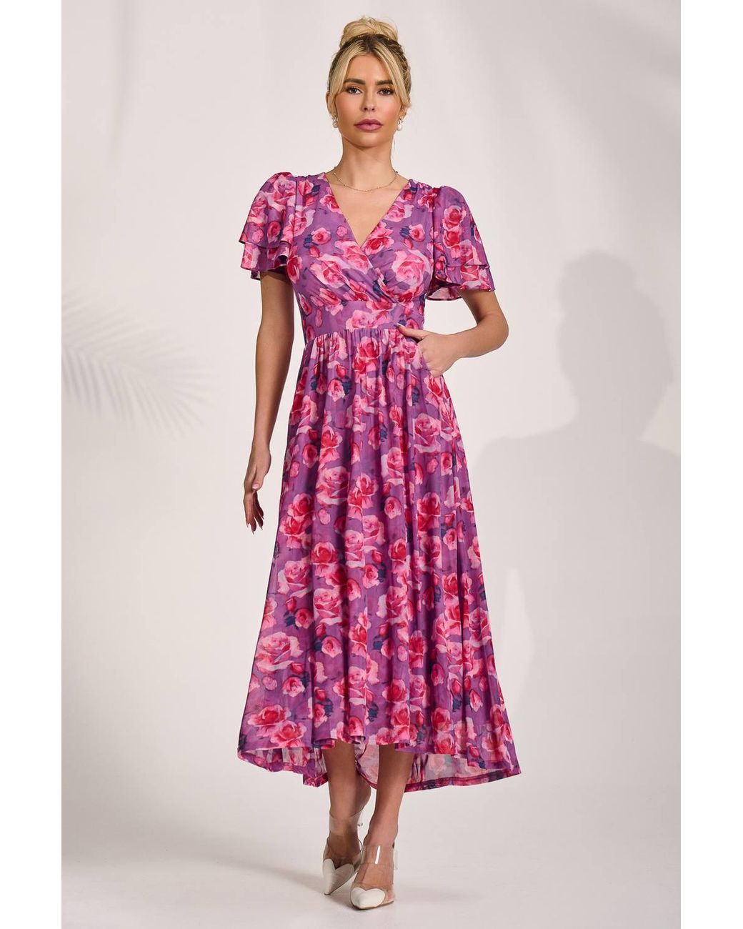 Jolie Moi Pink Angel Sleeve Mesh Midi Dress