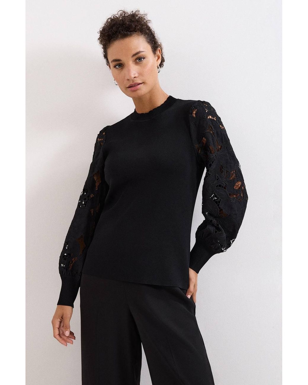 Phase Eight Blue Harriet Lace Sleeve Round Neck Jumper