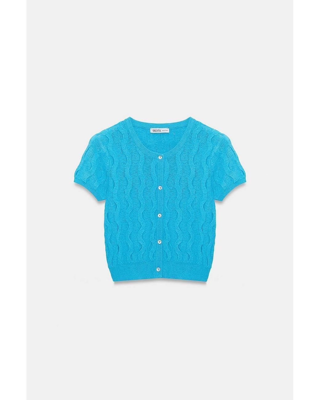 Dilvin Blue Cropped Jacquard Button Cardigan