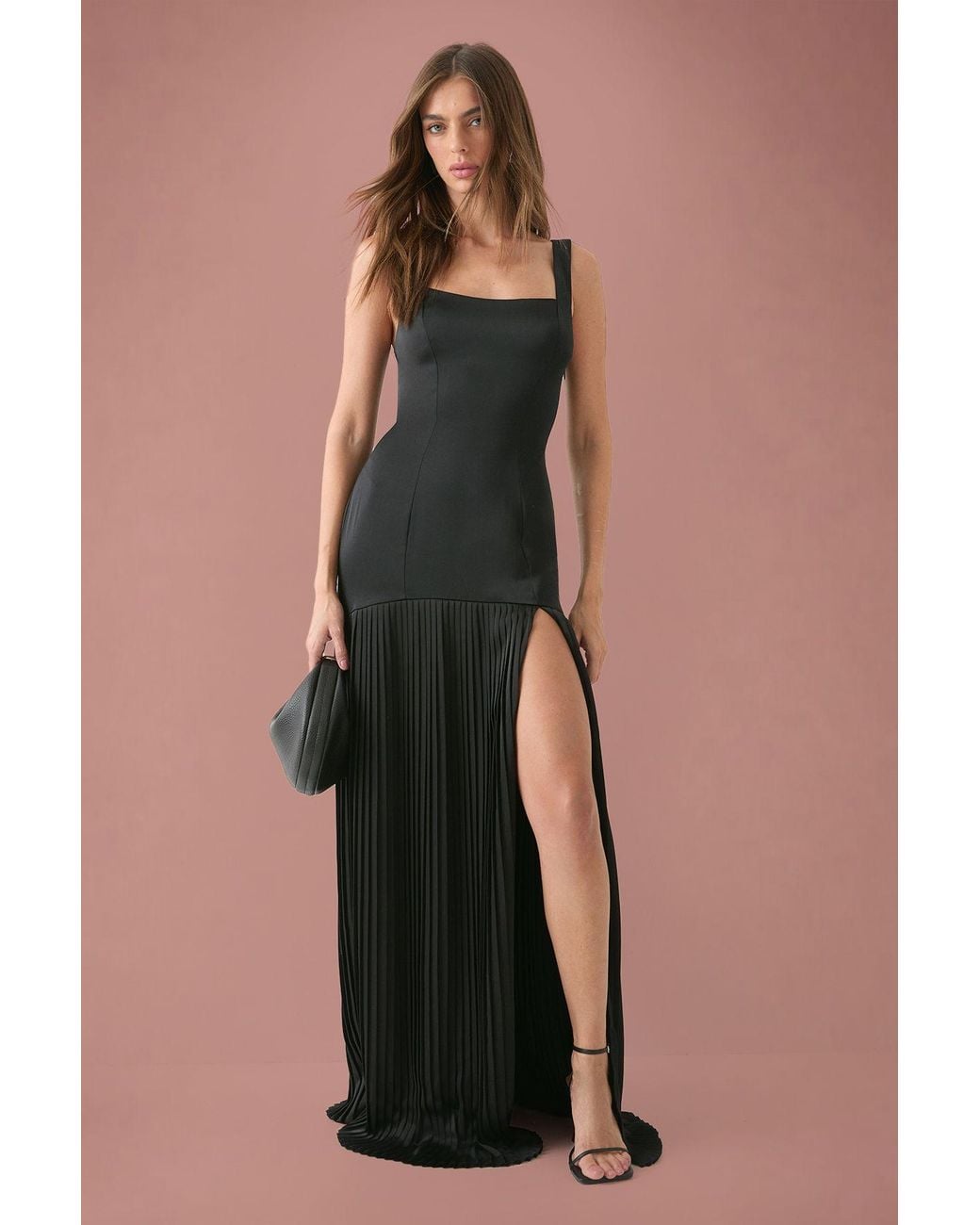 MissPap Black Premium Satin Square Pleated Skirt Dress