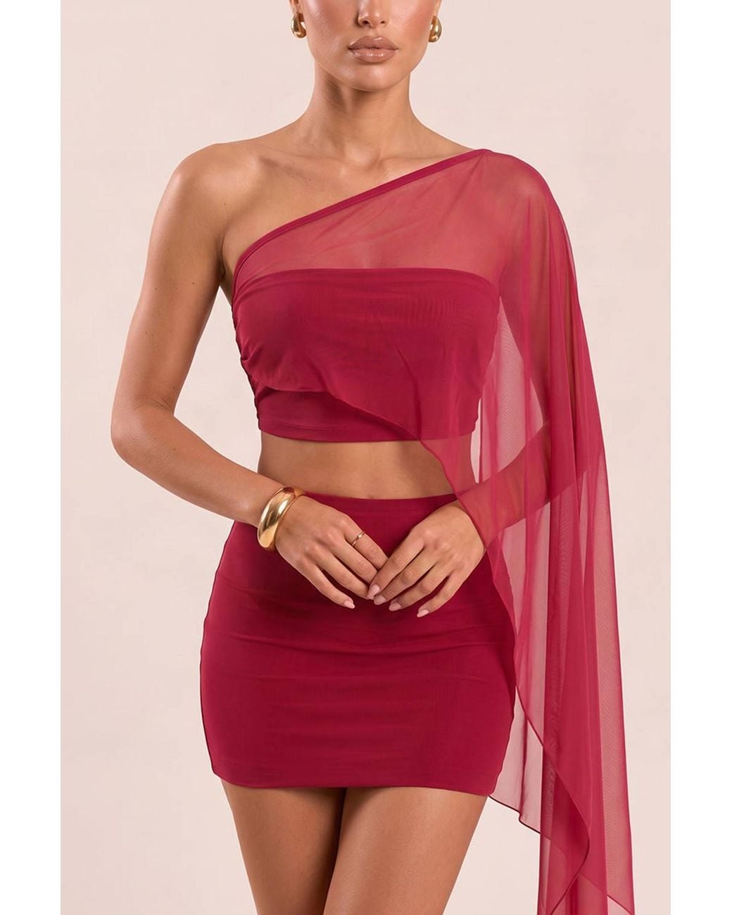 Rebellious Fashion Red Nelda Mesh One Shoulder Top & Mini Skirt Co-Ord Set
