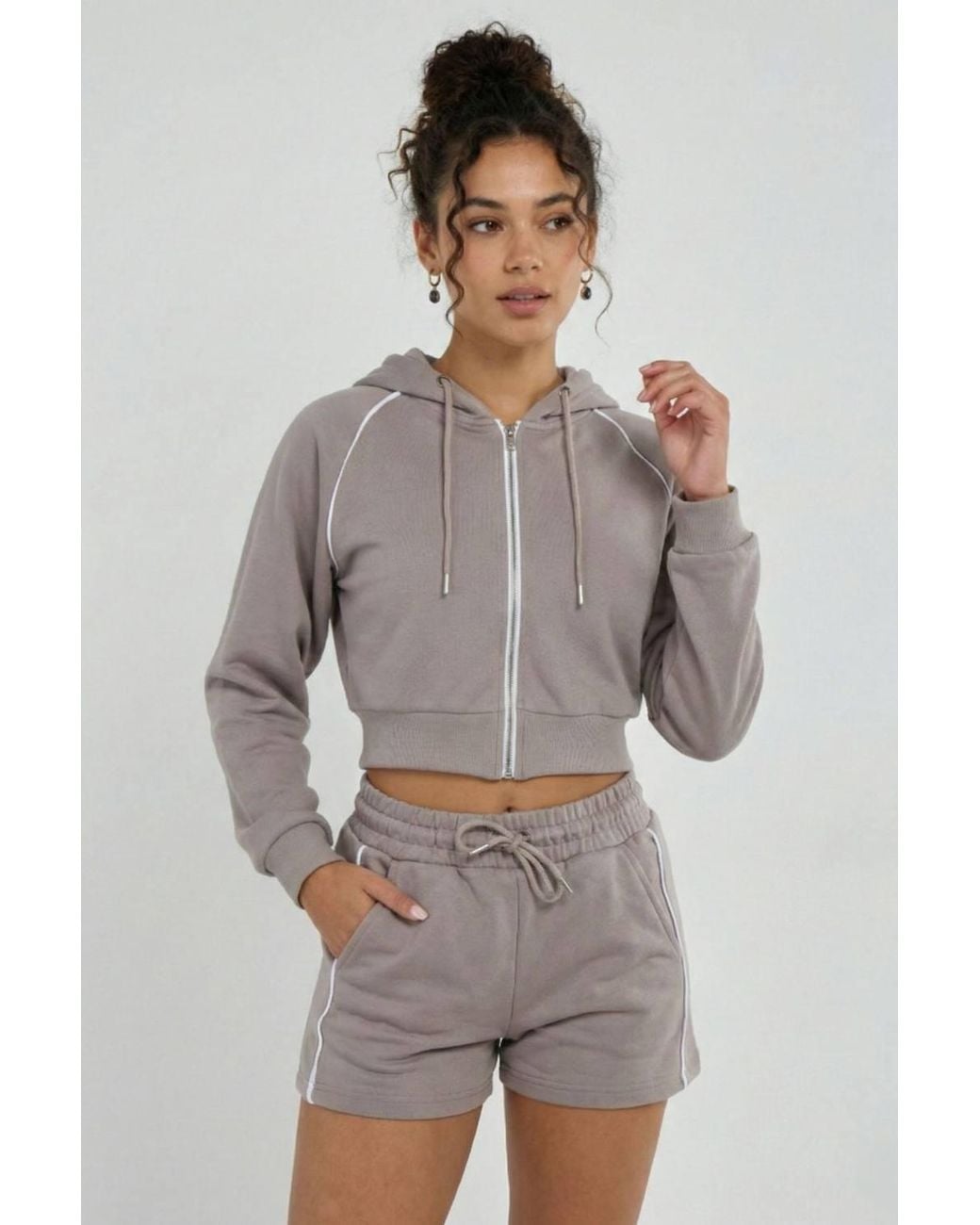 Stylewise Gray Piping Detail Hoodie & Shorts