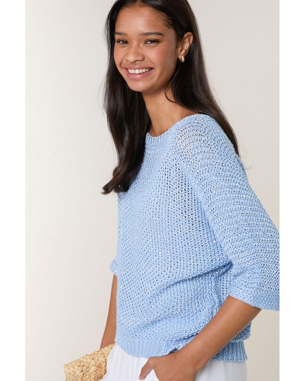 Blue Vanilla Blue Three Quarter Sleeve Round Neck Top