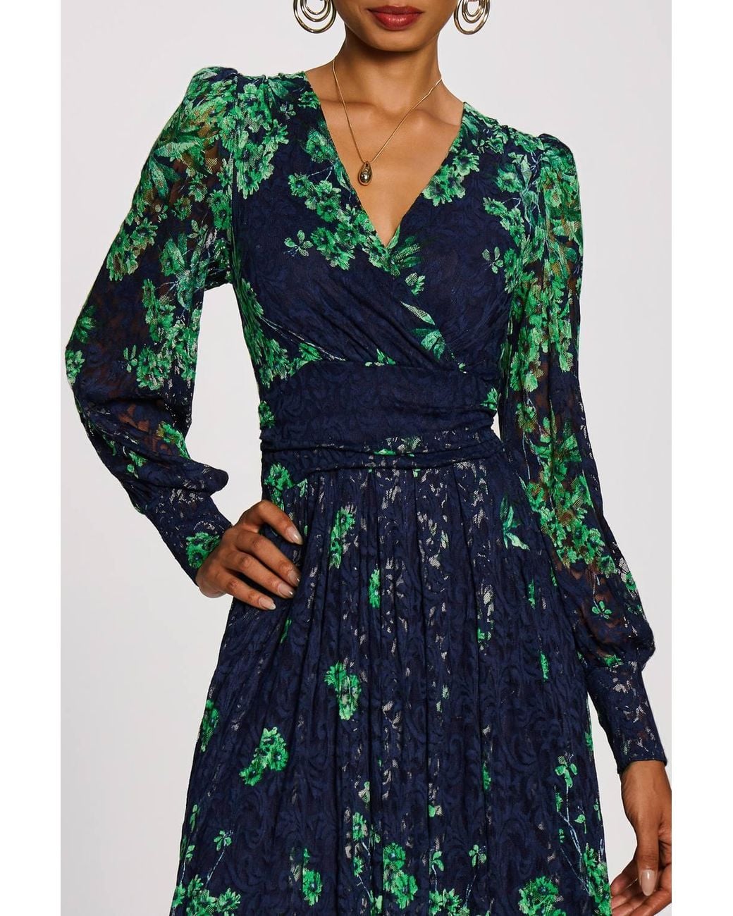 Jolie Moi Green Long Sleeve Printed Lace Maxi Dress