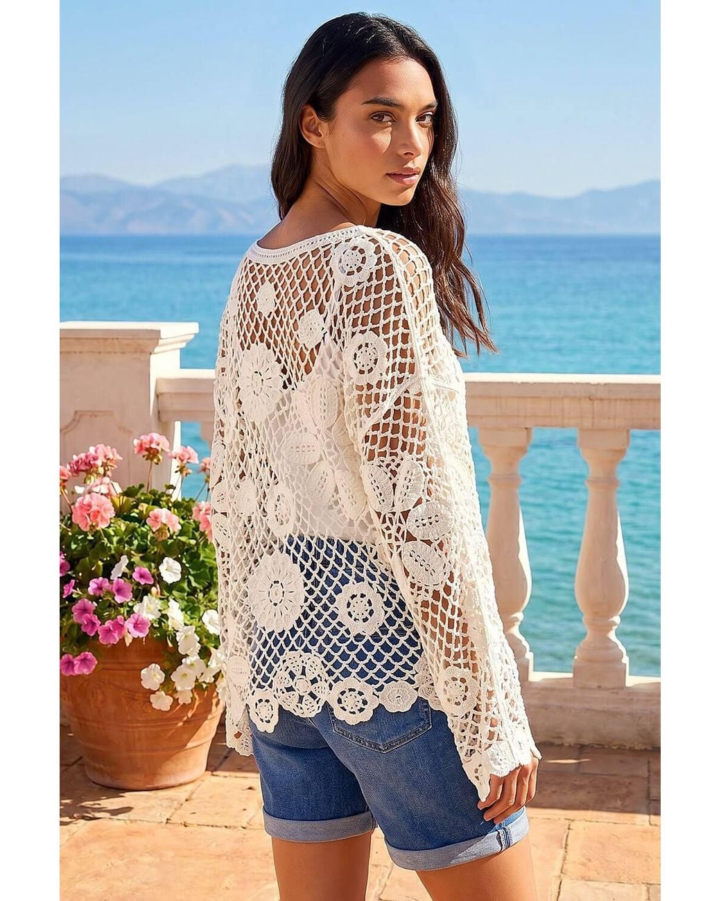 Roman Blue Floral Open Crochet Knit Tunic