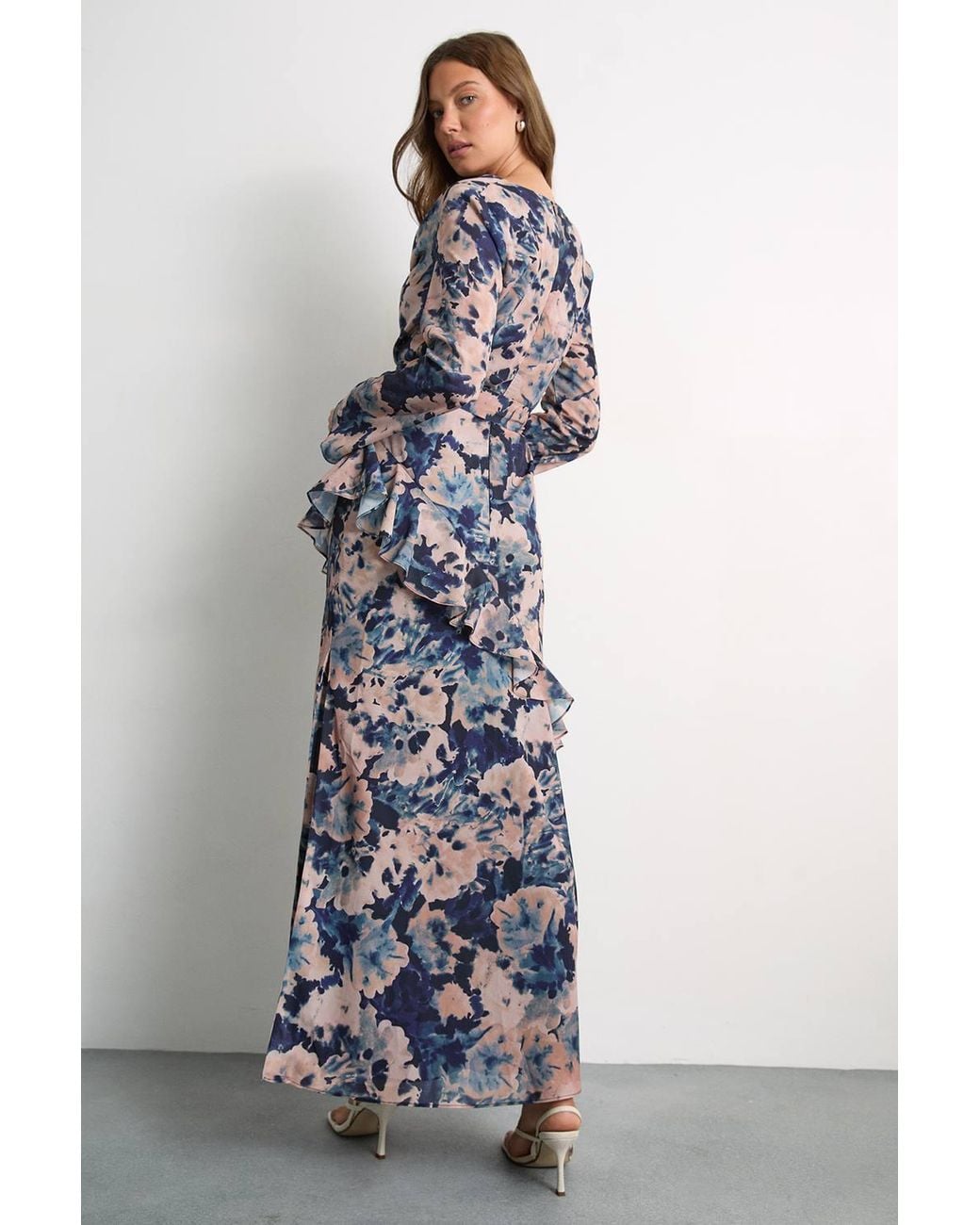 Warehouse Multicolor Long Sleeve Cowl Neck Floral Print Ruffle Detail Maxi Dress