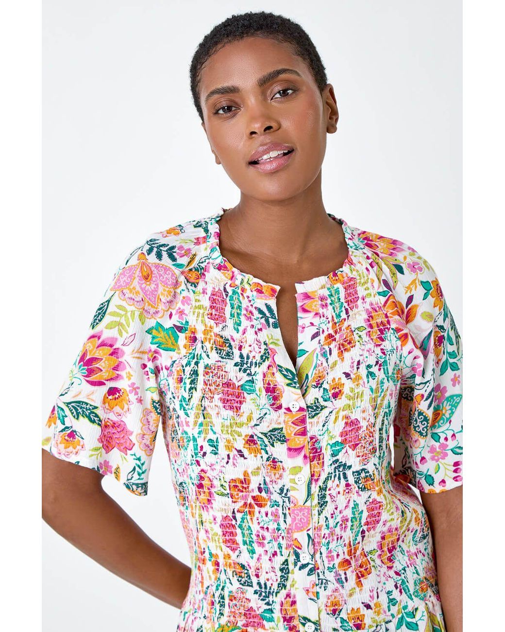 Roman Blue Floral Shirred Crinkle Top