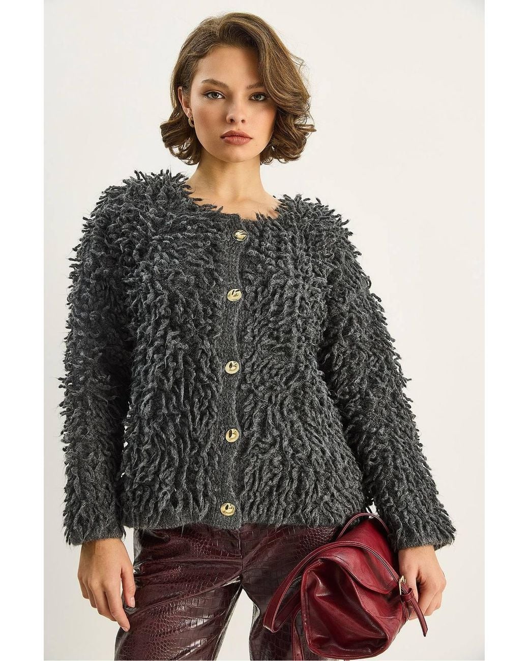 Bianco Lucci Black Textured Button-Up Cardigan