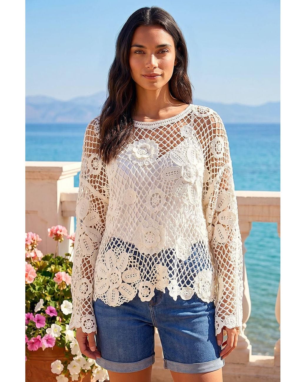 Roman Blue Floral Open Crochet Knit Tunic