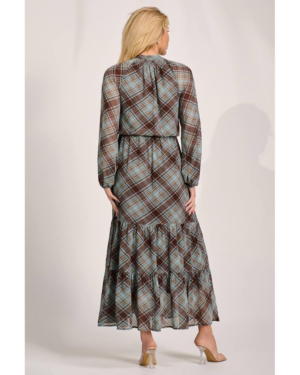 Jolie Moi Brown Chiffon Long Sleeve Tiered Maxi Dress