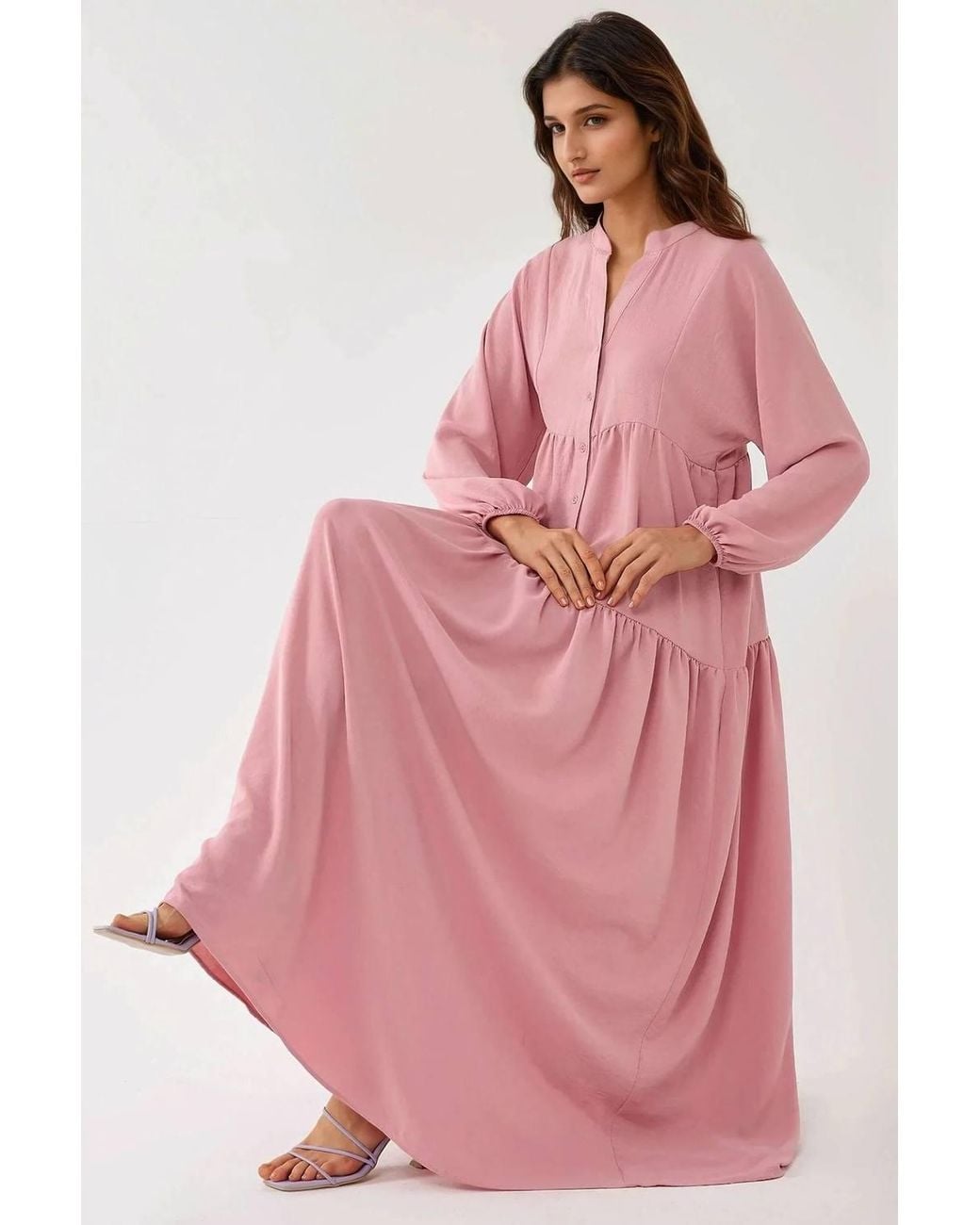 Hiccup Pink Textured V-Neck Maxi Dress With Button Detail