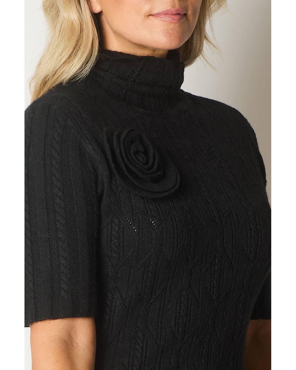 Solo Black Knit Turtleneck Dress With Rosette Detail
