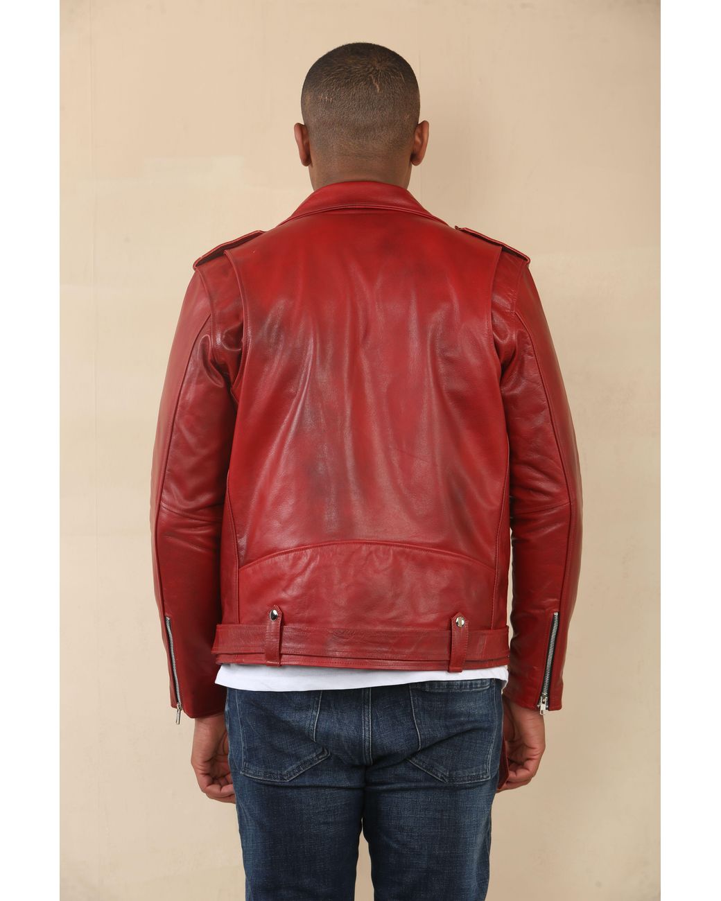 TruClothing Red Cow Hide Biker Brando Cross Zip Leather Jacket for men