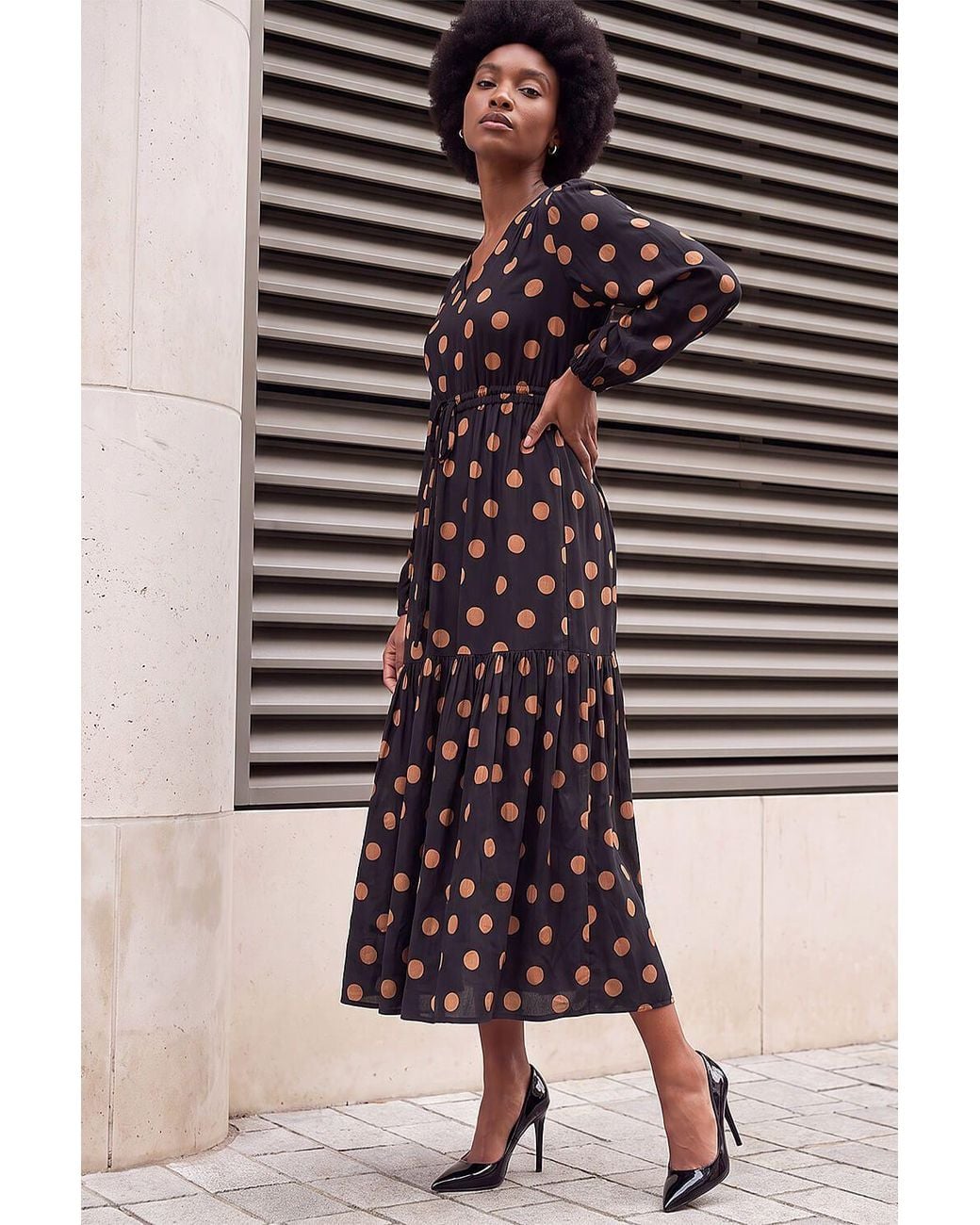 Roman Brown Polka Dot Stretch Midi Dress