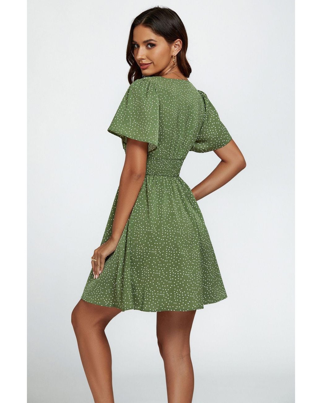 FS Collection Green Polka Dot V-Neck Mini Dress With Shirred Waist